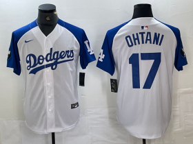 Cheap Men\'s Los Angeles Dodgers #17 Shohei Ohtani White Blue Fashion Stitched Cool Base Limited Jerseys
