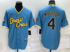 Wholesale Men\'s Milwaukee Brewers #4 Paul Molitor Blue 2022 City Connect Cool Base Stitched Jersey