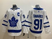 Wholesale Cheap Men's Toronto Maple Leafs #91 John Tavares with C Patch White Road Stitched Adidas NHL Jersey