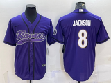 Wholesale Cheap Men's Baltimore Ravens #8 Lamar Jackson Purple With Patch Cool Base Stitched Baseball Jersey