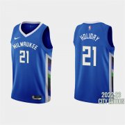 Wholesale Cheap Men's Milwaukee Bucks #21 Jrue Holiday 2022-23 City Edition Blue Stitched Basketball Jersey