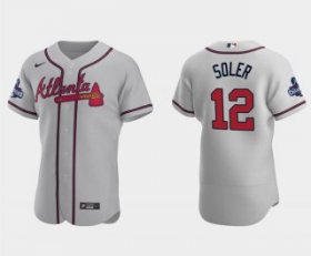 Wholesale Cheap Men\'s Grey Atlanta Braves #12 Jorge Soler 2021 World Series Champions Flex Base Stitched Jersey
