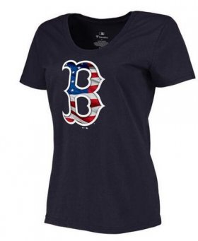 Wholesale Cheap Women\'s Boston Red Sox USA Flag Fashion T-Shirt Navy Blue