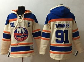 Wholesale Cheap Islanders #91 John Tavares Cream Sawyer Hooded Sweatshirt Stitched NHL Jersey