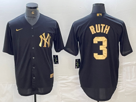 Cheap Men\'s New York Yankees #3 Babe Ruth Black Gold Cool Base Stitched Jersey