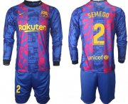 Wholesale Cheap Men 2021-2022 Club Barcelona Second away blue Long Sleeve 2 Soccer Jersey