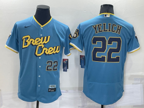 Wholesale Cheap Men\'s Milwaukee Brewers #22 Christian Yelich Number Blue 2022 City Connect Flex Base Stitched Jersey