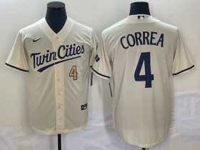 Wholesale Cheap Men\'s Minnesota Twins #4 Carlos Correa Number Cream 2022 City Connect Cool Base Stitched Jersey