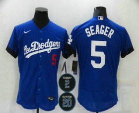 Wholesale Cheap Men\'s Los Angeles Dodgers #5 Corey Seager Blue #2 #20 Patch City Connect Flex Base Stitched Jersey
