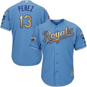 Wholesale Cheap Royals #13 Salvador Perez Light Blue 2015 World Series Champions Gold Program Cool Base Stitched Youth MLB Jersey