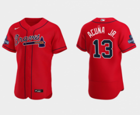 Wholesale Cheap Men\'s Red Atlanta Braves #13 Ronald Acuna Jr. 2021 World Series Champions Flex Base Stitched Jersey