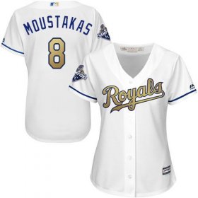 Wholesale Cheap Royals #8 Mike Moustakas White 2015 World Series Champions Gold Program Cool Base Women\'s Stitched MLB Jersey