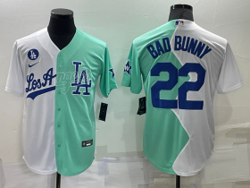 Wholesale Men\'s Los Angeles Dodgers #22 Bad Bunny White Green Two Tone 2022 Celebrity Softball Game Cool Base Jersey