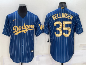 Wholesale Men\'s Los Angeles Dodgers #35 Cody Bellinger Navy Blue Gold Pinstripe Stitched MLB Cool Base Nike Jersey