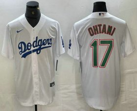Cheap Men\'s Los Angeles Dodgers #17 Shohei Ohtani White Green Stitched Cool Base Nike Jerseys