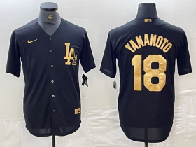 Cheap Men\'s Los Angeles Dodgers #18 Yoshinobu Yamamoto Black Gold Cool Base Stitched Jersey