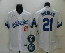 Wholesale Cheap Men\'s Los Angeles Dodgers #21 Walker Buehler White #2 #20 Patch City Connect Flex Base Stitched Jersey