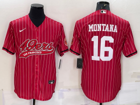 Wholesale Cheap Men\'s San Francisco 49ers #16 Joe Montana Red Pinstripe With Patch Cool Base Stitched Baseball Jersey