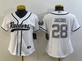 Wholesale Cheap Women\'s Las Vegas Raiders #28 Josh Jacobs White Silver With Patch Cool Base Stitched Baseball Jersey(Run Small)