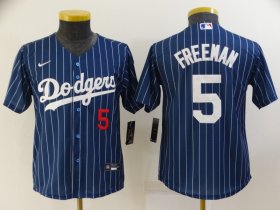 Wholesale Cheap Youth Los Angeles Dodgers #5 Freddie Freeman Navy Blue Pinstripe Stitched MLB Cool Base Nike Jersey