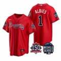 Wholesale Cheap Men Atlanta Braves 1 Ozzie Albies 2021 Red World Series With 150th Anniversary Patch Cool Base Stitched Jersey
