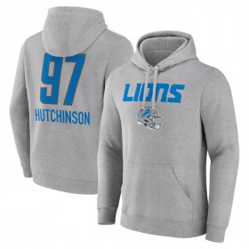 Cheap Men\'s Detroit Lions #97 Aidan Hutchinson Heather Gray Team Wordmark Player Name & Number Pullover Hoodie