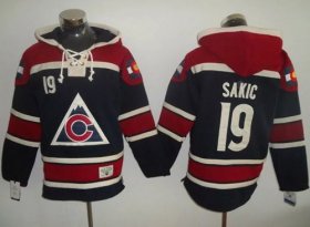 Wholesale Cheap Avalanche #19 Joe Sakic Navy Blue Sawyer Hooded Sweatshirt Stitched NHL Jersey