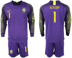 Wholesale Cheap Brazil #1 Alisson Purple Goalkeeper Long Sleeves Soccer Country Jersey