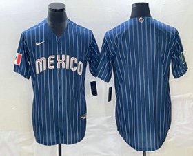 Wholesale Cheap Men\'s Mexico Baseball Blank 2023 Navy Blue Pinstripe World Baseball Classic Stitched Jersey