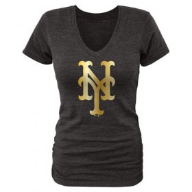 Wholesale Cheap Women\'s New York Mets Fanatics Apparel Gold Collection V-Neck Tri-Blend T-Shirt Black