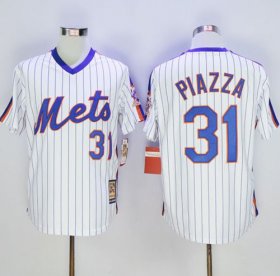 Wholesale Cheap Mitchell And Ness Mets #31 Mike Piazza White(Blue Strip) Throwback Stitched MLB Jersey