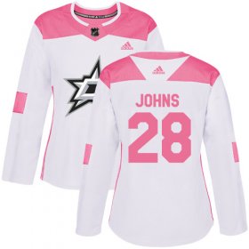 Cheap Adidas Stars #28 Stephen Johns White/Pink Authentic Fashion Women\'s Stitched NHL Jersey