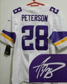 Wholesale Cheap Nike Vikings #28 Adrian Peterson White Men\'s Stitched NFL Elite Autographed Jersey