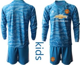 Wholesale Cheap Manchester United Blank Light Blue Goalkeeper Long Sleeves Kid Soccer Club Jersey