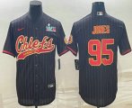 Cheap Men's Kansas City Chiefs #95 Chris Jones Black Pinstripe With Super Bowl LVII Patch Cool Base Stitched Baseball Jersey