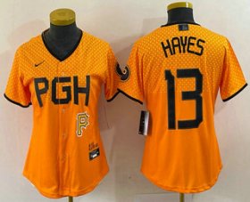 Wholesale Cheap Women\'s Pittsburgh Pirates #13 KeBryan Hayes Yellow 2023 City Connect Stitched Jersey1