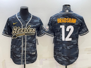 Wholesale Cheap Men's Pittsburgh Steelers #12 Terry Bradshaw Grey Navy Camo With Patch Cool Base Stitched Baseball Jersey