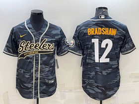 Wholesale Cheap Men\'s Pittsburgh Steelers #12 Terry Bradshaw Grey Navy Camo With Patch Cool Base Stitched Baseball Jersey