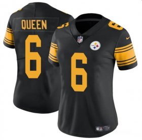 Cheap Women\'s Pittsburgh Steelers #6 Patrick Queen Black Color Rush Football Stitched Jersey(Run Small)