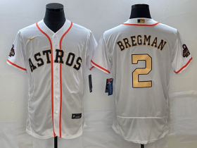 Wholesale Cheap Men\'s Houston Astros #2 Alex Bregman 2023 White Gold World Serise Champions Patch Flex Base Stitched Jersey