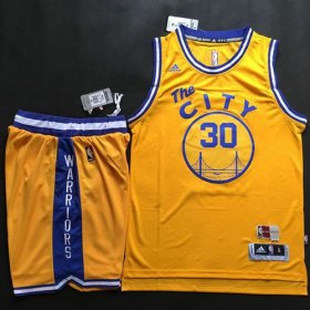 Wholesale Cheap Warriors #30 Stephen Curry Gold Throwback The City A Set Stitched NBA Jersey