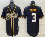 Cheap Mens Pittsburgh Steelers #3 Russell Wilson Black With Patch Cool Base Stitched Baseball Jersey