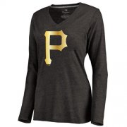 Wholesale Cheap Women's Pittsburgh Pirates Gold Collection Long Sleeve V-Neck Tri-Blend T-Shirt Black