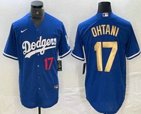 Cheap Men\'s Los Angeles Dodgers #17 Shohei Ohtani Number Blue Gold Stitched Cool Base Nike Jerseys