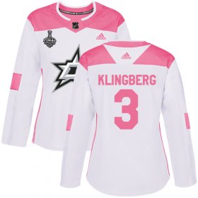 Cheap Adidas Stars #3 John Klingberg White/Pink Authentic Fashion Women\'s 2020 Stanley Cup Final Stitched NHL Jersey
