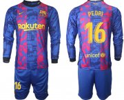 Wholesale Cheap Men 2021-2022 Club Barcelona Second away blue Long Sleeve 16 Soccer Jersey