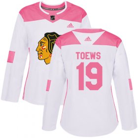 Wholesale Cheap Adidas Blackhawks #19 Jonathan Toews White/Pink Authentic Fashion Women\'s Stitched NHL Jersey