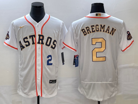 Wholesale Cheap Men\'s Houston Astros #2 Alex Bregman Number 2023 White Gold World Serise Champions Patch Flex Base Stitched Jersey