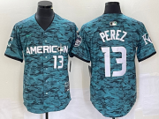 Wholesale Cheap Men's Kansas City Royals #13 Salvador Perez Teal 2023 All Star Cool Base With Patch Stitched Baseball Jersey