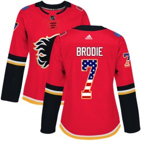 Wholesale Cheap Adidas Flames #7 TJ Brodie Red Home Authentic USA Flag Women\'s Stitched NHL Jersey